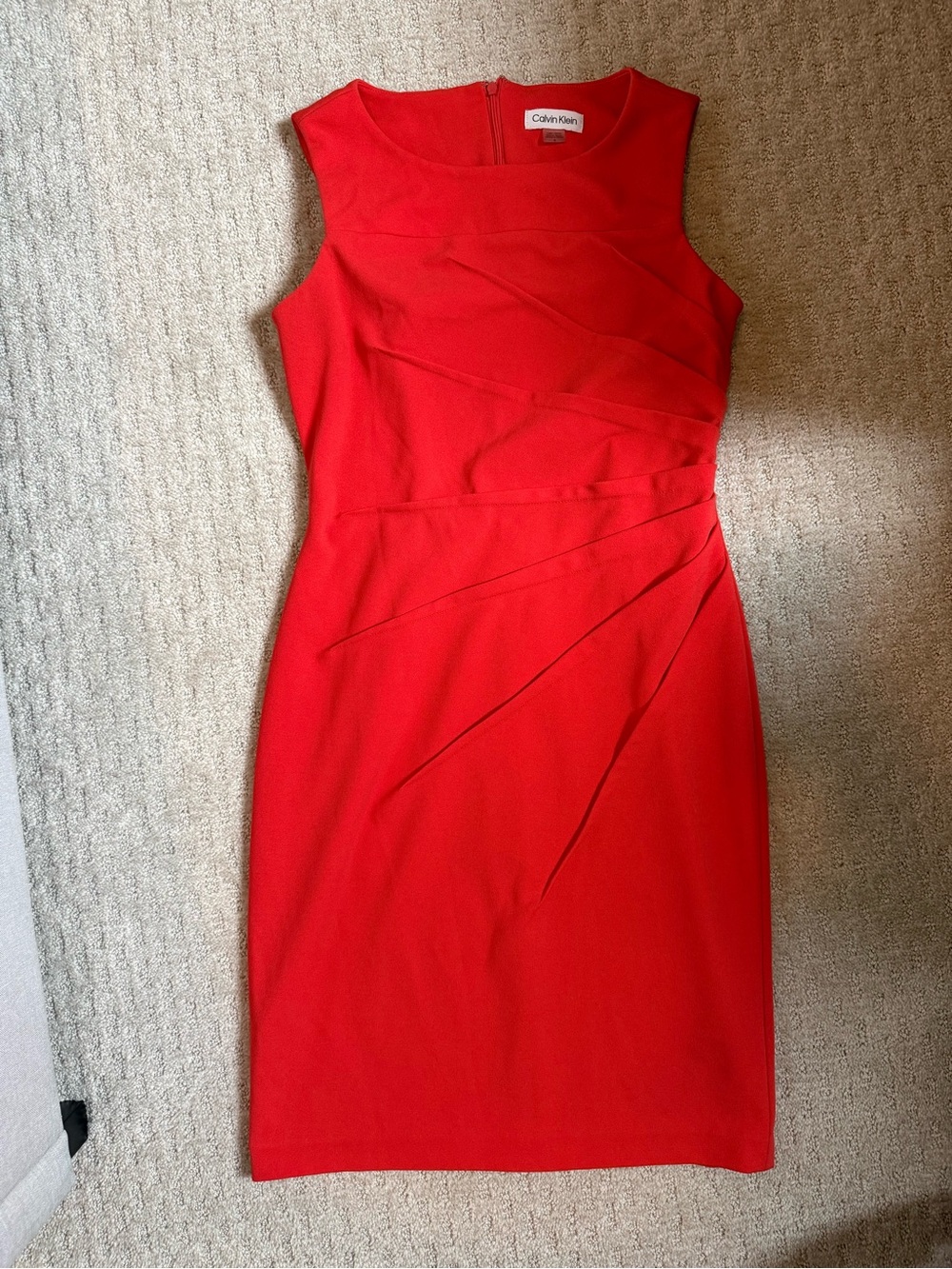 Calvin Klein Red Sleeveless Sheath Dress with Draped Seams